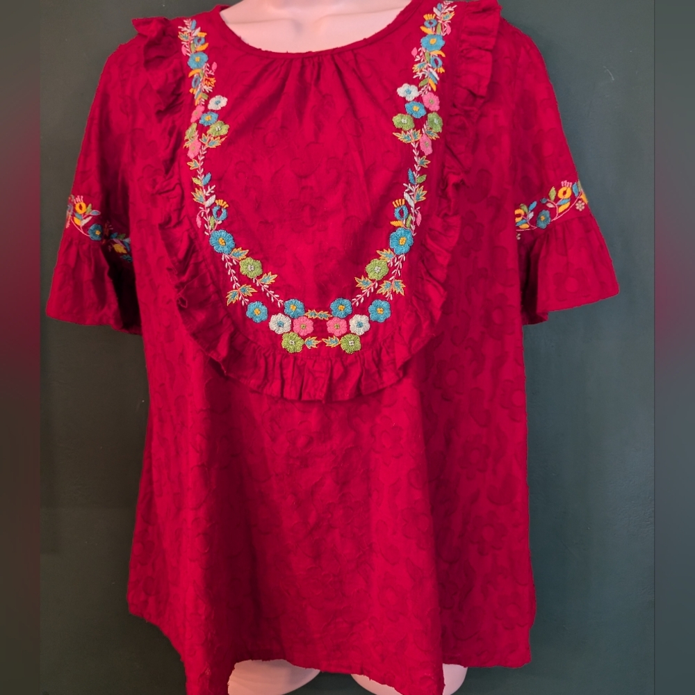 Anthropologie Red embroidered cotton blouse